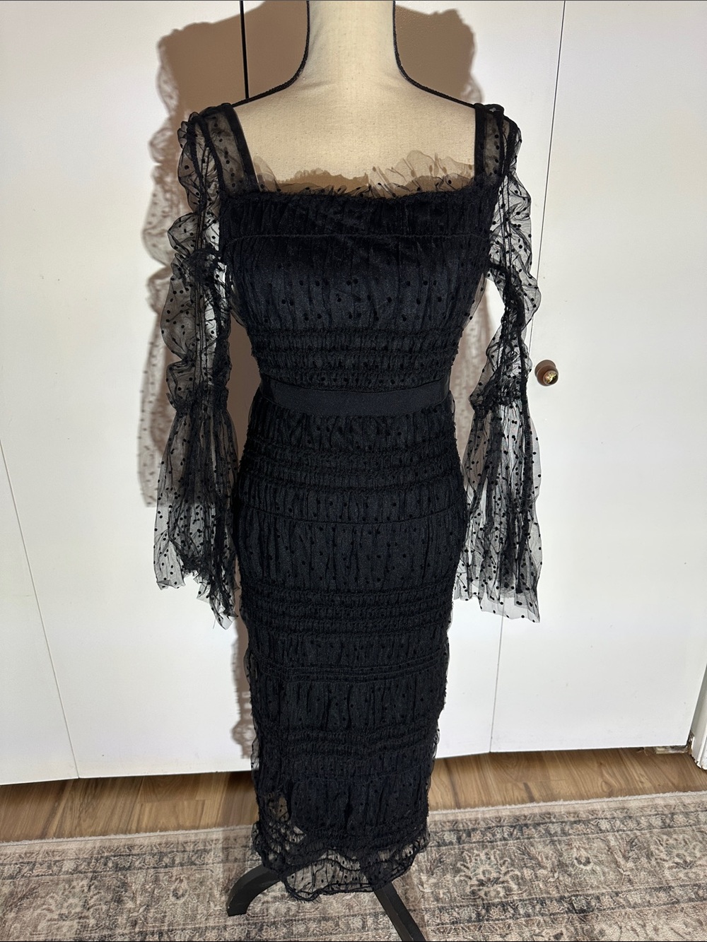 VENUS Black Sheer Dotted Mesh SEXY Midi Dress